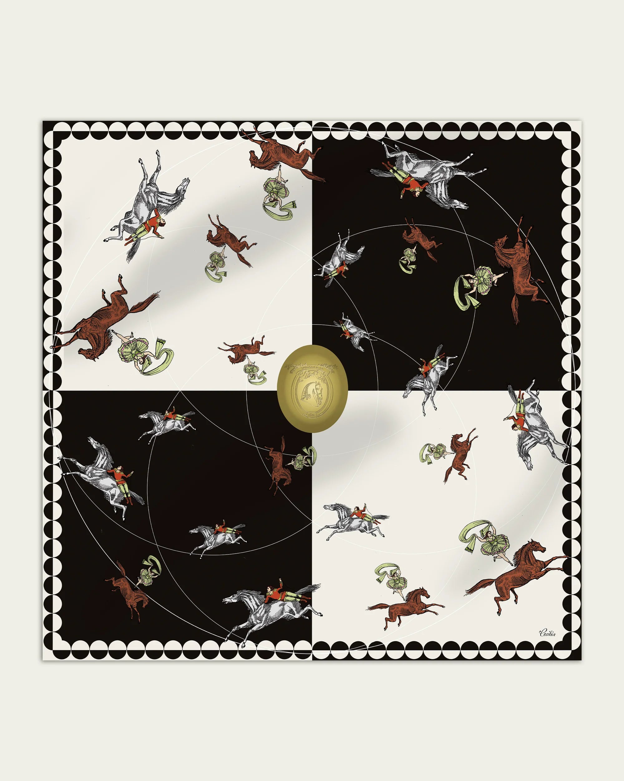 Carousel 90 Silk Twill Scarf in Ivory Black