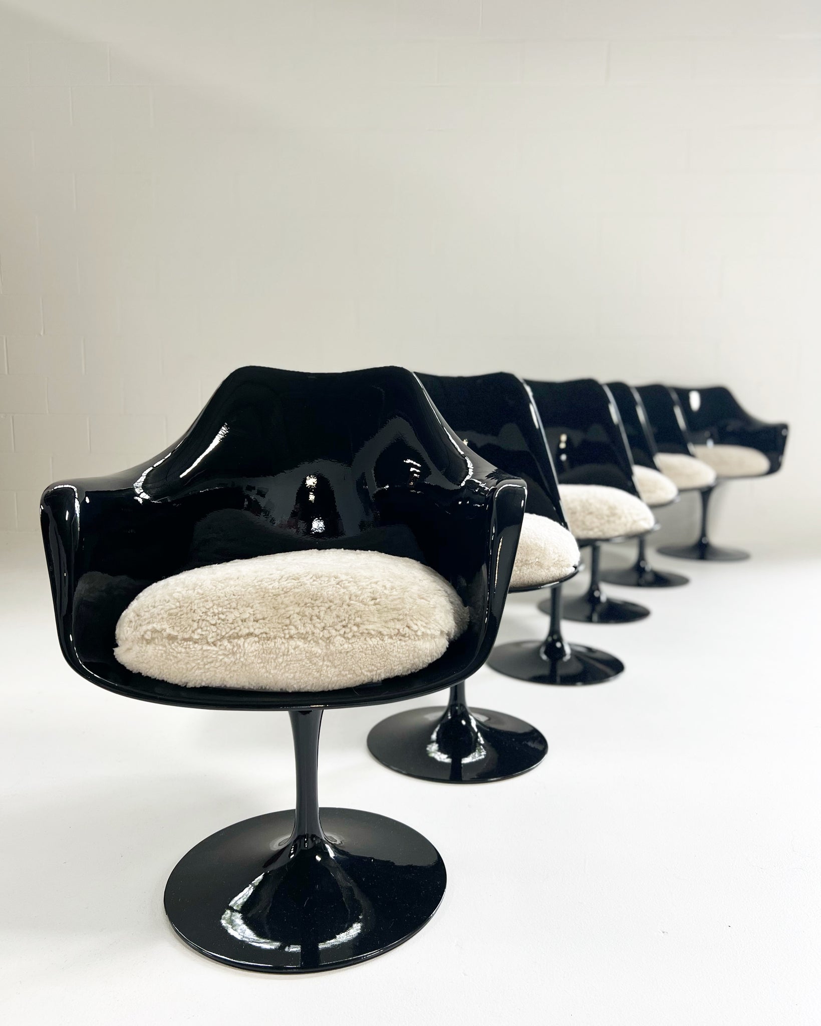 Tulip Chairs with Custom Shearling Cushions, Set of 6