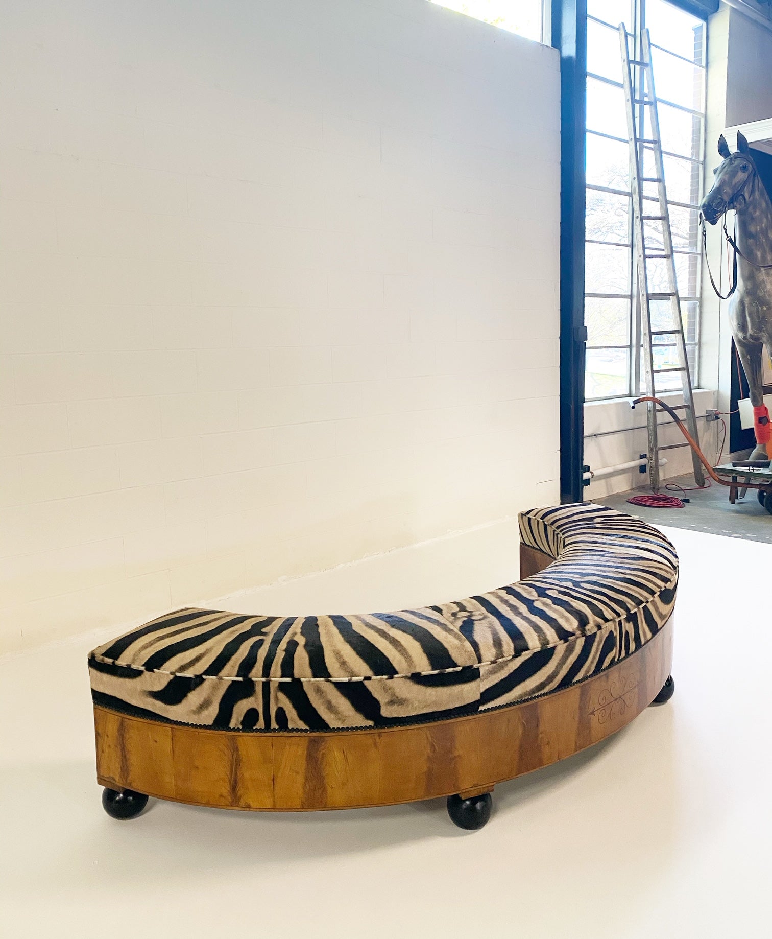 19th Century Fruitwood Banquette in Zebra Hide - FORSYTH