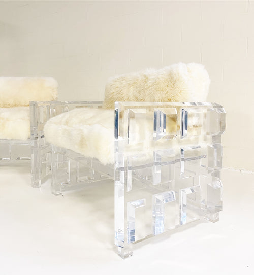 Lucite Chairs with Brazilian Sheepskin Cushions, pair - FORSYTH