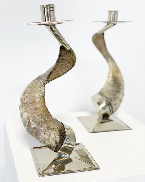 Horn and Silver Candlesticks, Pair