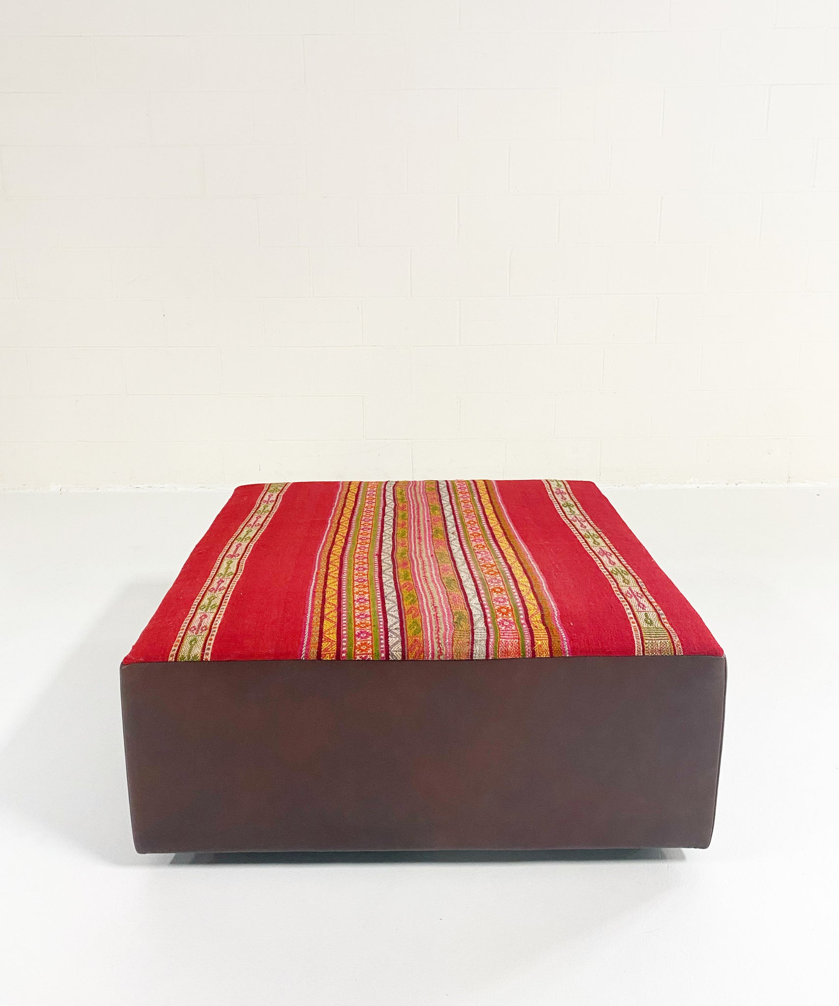 One-of-a-Kind Ottoman with Vintage Peruvian Textile, Red