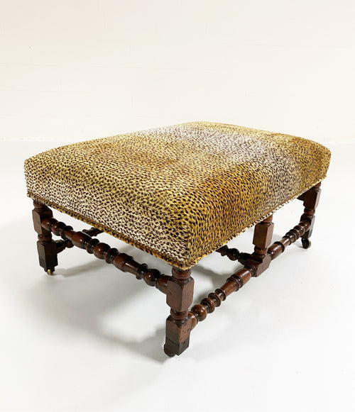 Walnut Ottoman in Clarence House King Cheetah Fabric