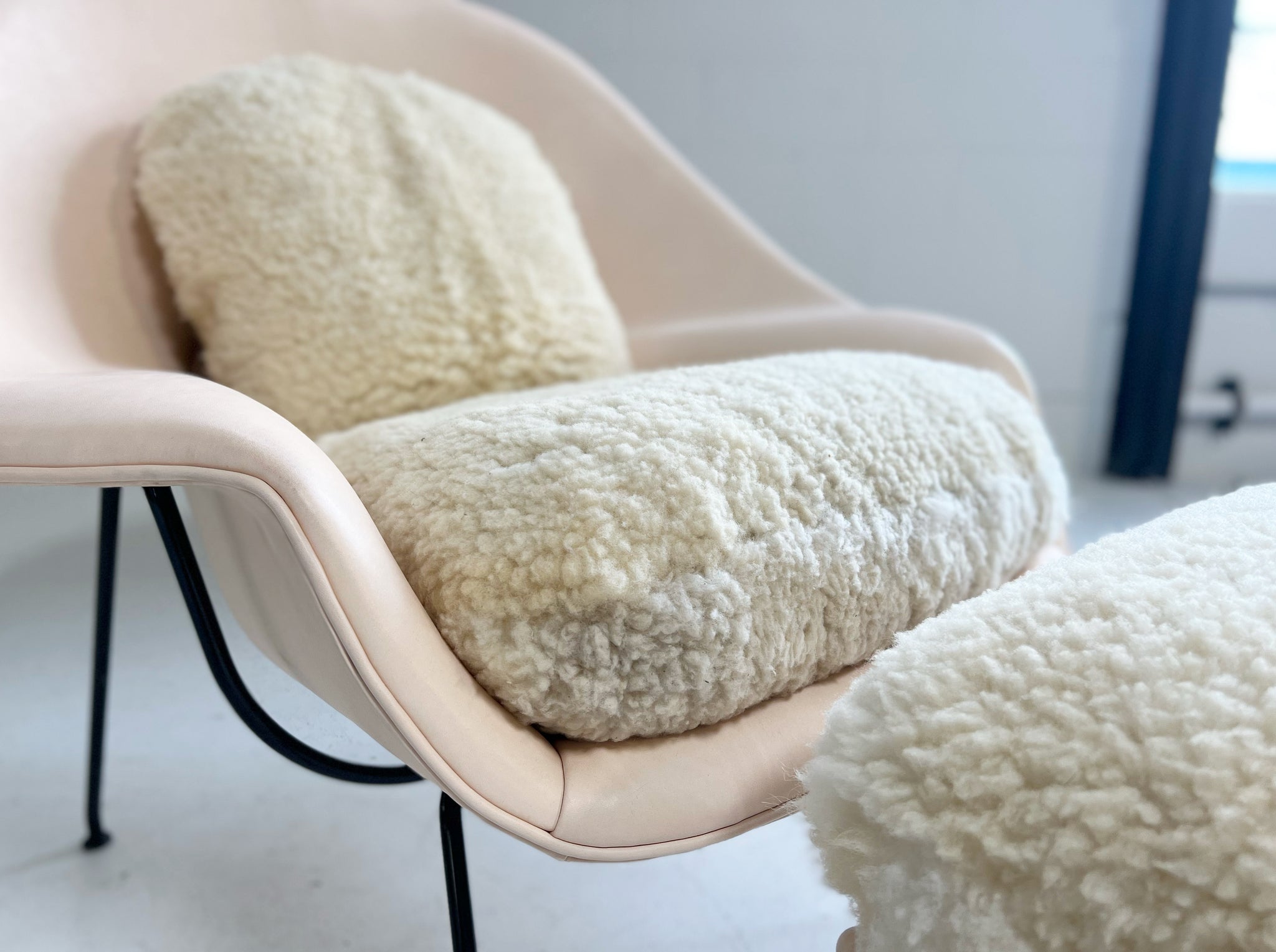 One-of-a-Kind Womb Chair and Ottoman in Leather and Sheepskin