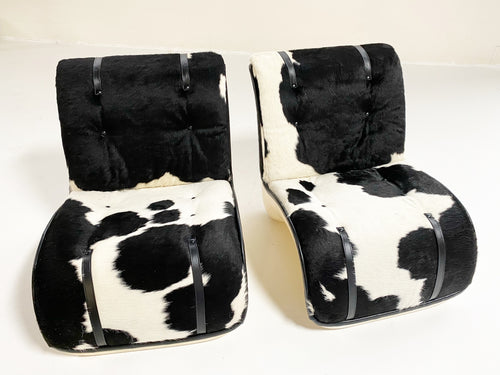 Fiberglass Lounge Chairs in Brazilian Cowhide and Leather, pair