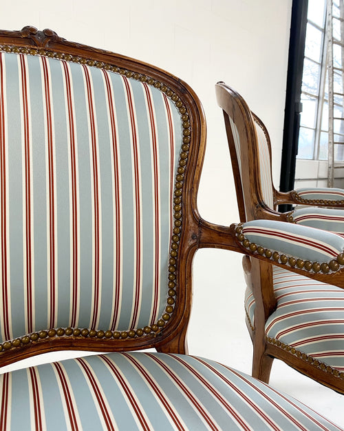 Louis XV Style Beech Fauteuils in Dedar Stripe, Pair