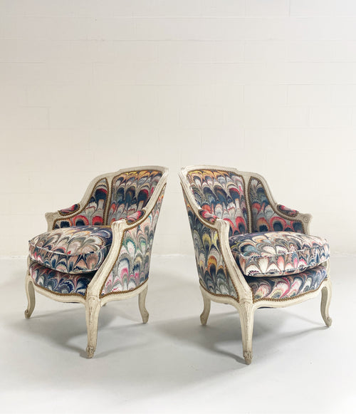 Vintage French Armchairs in Beata Heuman Marbleized Velvet, Pair