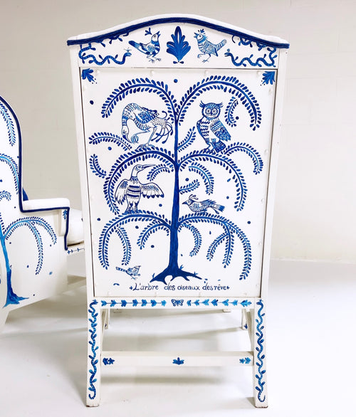 One-of-a-Kind, Hand-Painted 'Tree of Dream Birds' Set, Pair of Wingbacks with Ottoman