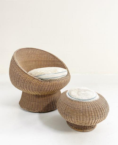 Rattan Chair and Ottoman Set with Custom Brazilian Cowhide and Leather Cushions