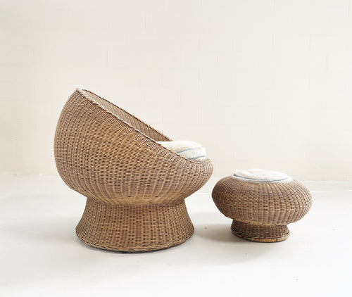 Rattan Chair and Ottoman Set with Custom Brazilian Cowhide and Leather Cushions