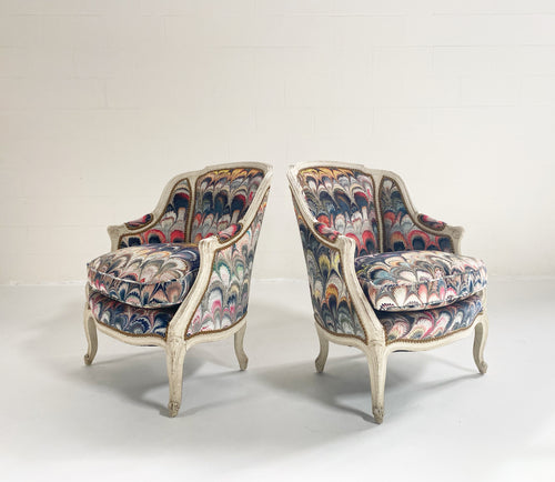 Vintage French Armchairs in Beata Heuman Marbleized Velvet, Pair