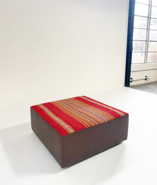 One-of-a-Kind Ottoman with Vintage Peruvian Textile, Red