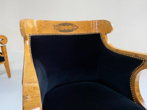 Biedermeier Marquetry Armchairs in Rose Uniacke Velvet, pair