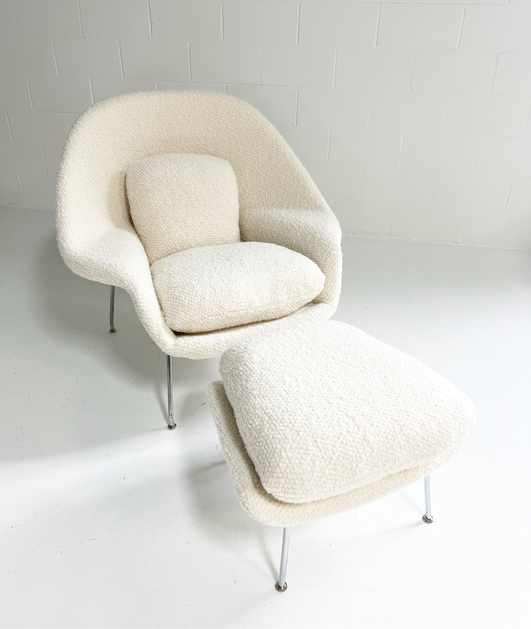 Bespoke Womb Chair and Ottoman in Dedar Boucle