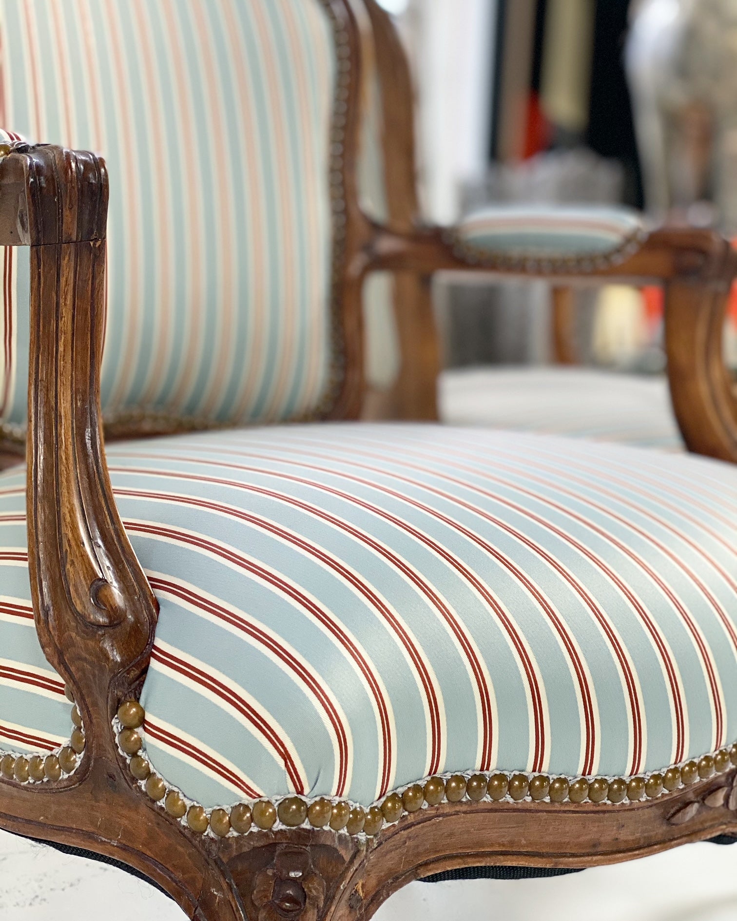 Louis XV Style Beech Fauteuils in Dedar Stripe, Pair - FORSYTH