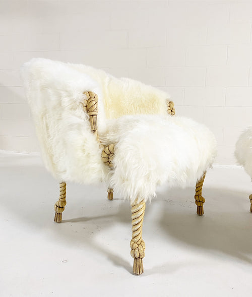 Napoleon III Style Twisted Rope and Tassel Carved Armchair and Ottoman Restored in Sheepskin
