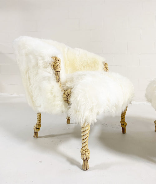 Napoleon III Style Twisted Rope and Tassel Carved Armchair and Ottoman Restored in Sheepskin