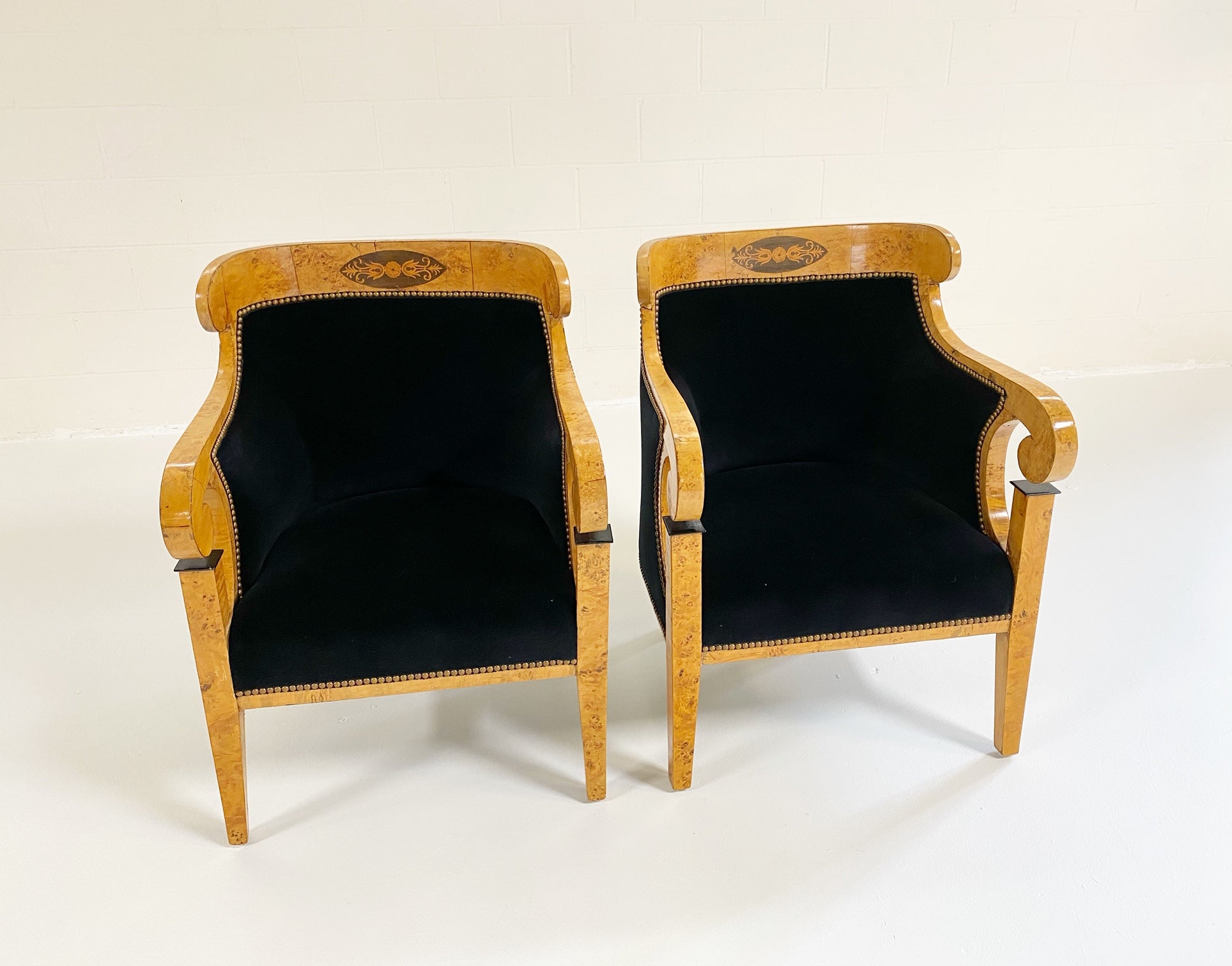 Biedermeier Marquetry Armchairs in Rose Uniacke Velvet, pair