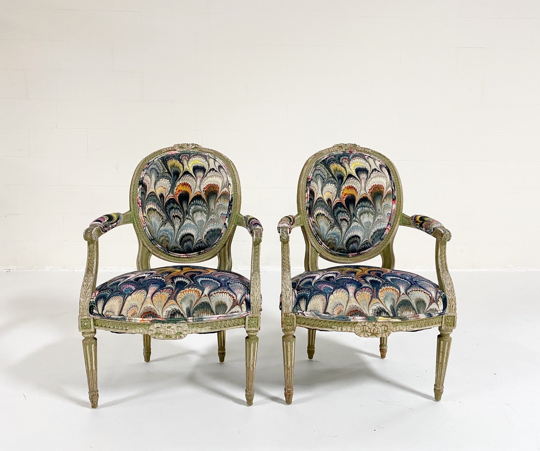18th Century French Painted Chairs in Beata Heuman "Marbleized Velvet," pair