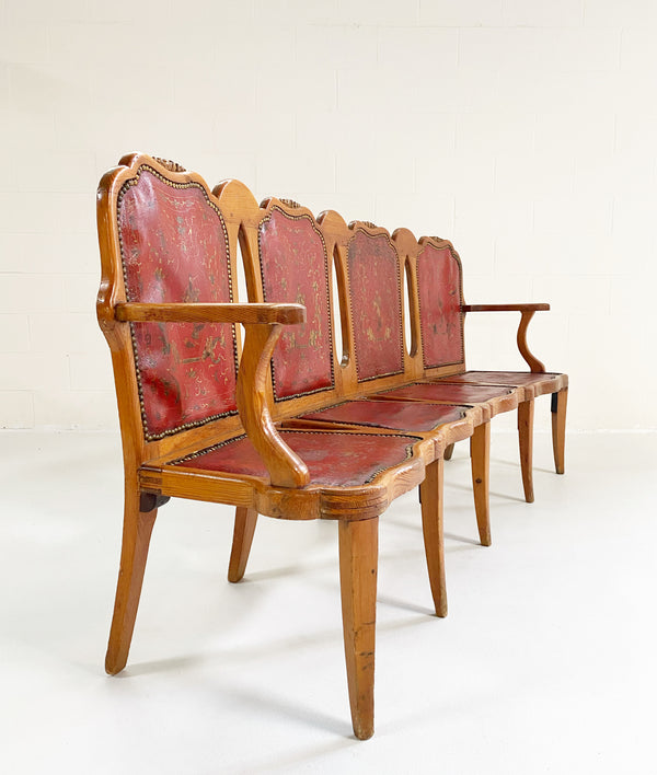 Vintage English Pine and Embossed Leather Bench