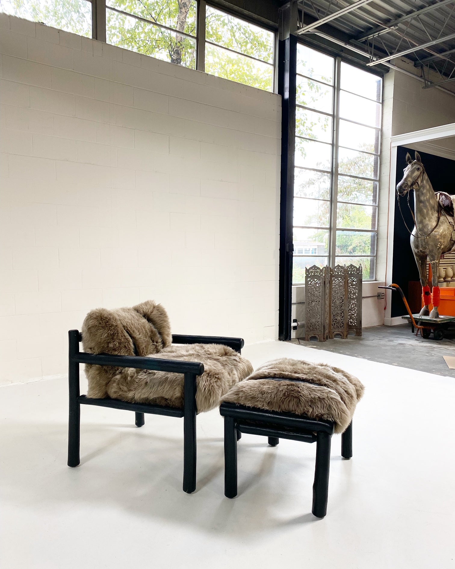 Black Butte Chair and Ottoman with Sheepskin Cushions