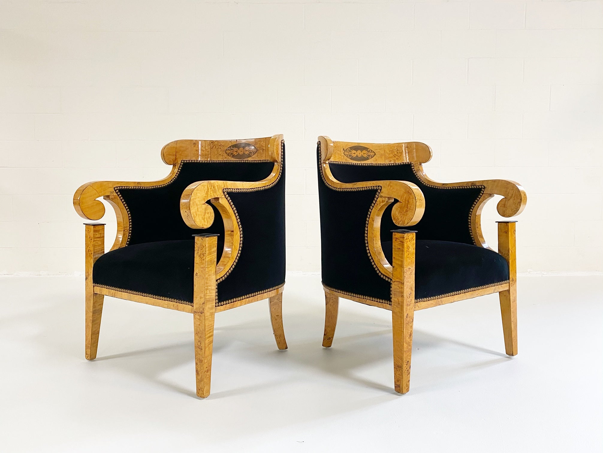 Biedermeier Marquetry Armchairs in Rose Uniacke Velvet, pair