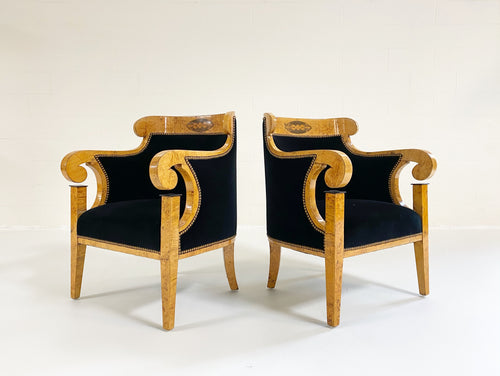 ON HOLD Biedermeier Marquetry Armchairs in Rose Uniacke Velvet, pair