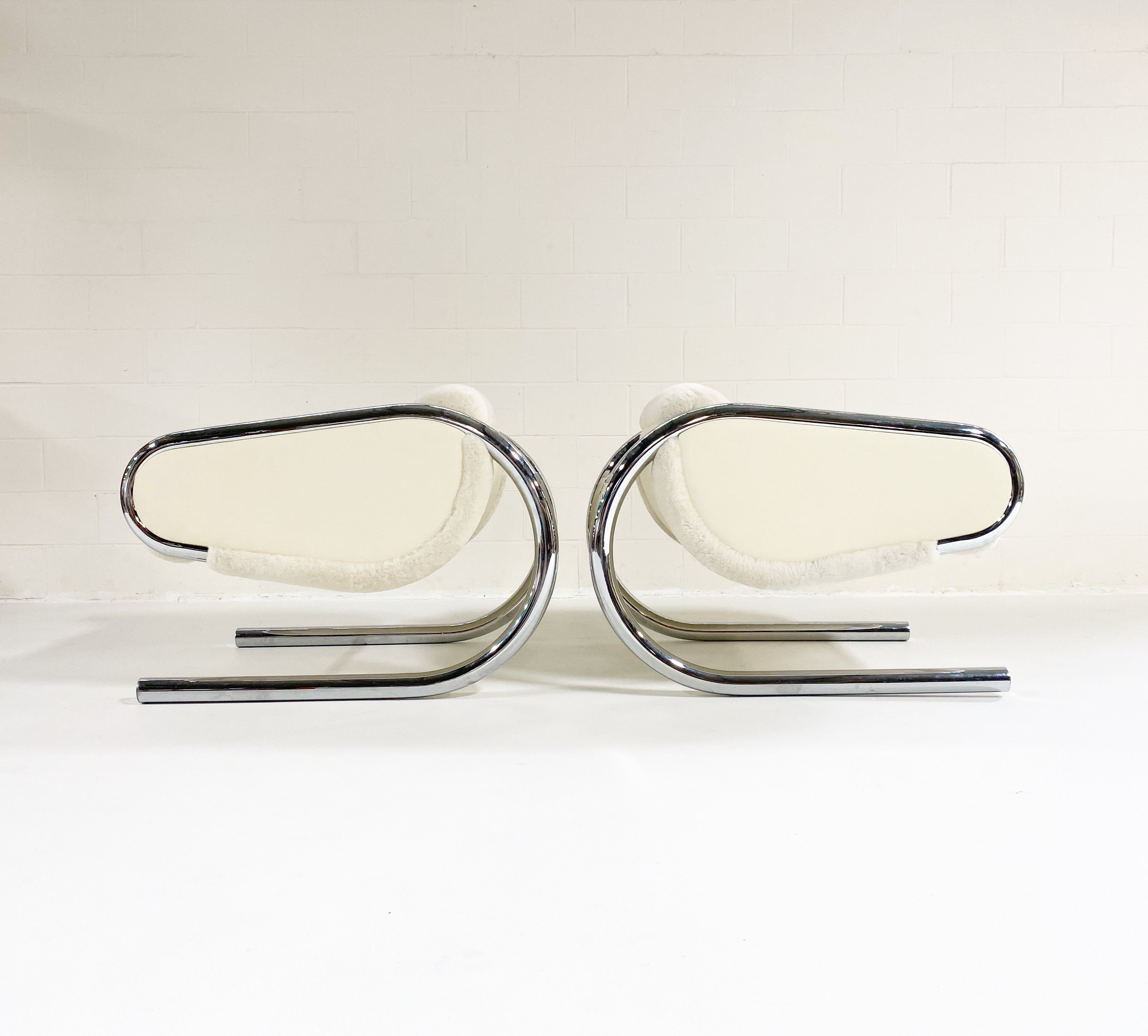 Chrome Lounge Chairs in Shearling and Leather