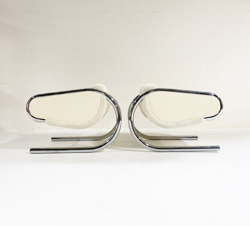 Chrome Lounge Chairs in Shearling and Leather