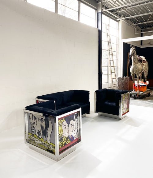 Chrome-plated Loveseat and Lounge Chairs with Lichtenstein Style Art in Brazilian Cowhide