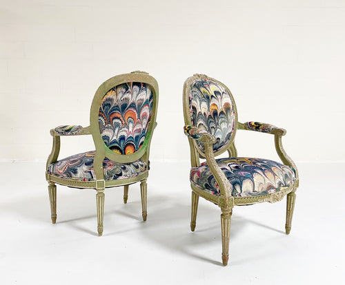 18th Century French Painted Chairs in Beata Heuman "Marbleized Velvet," pair