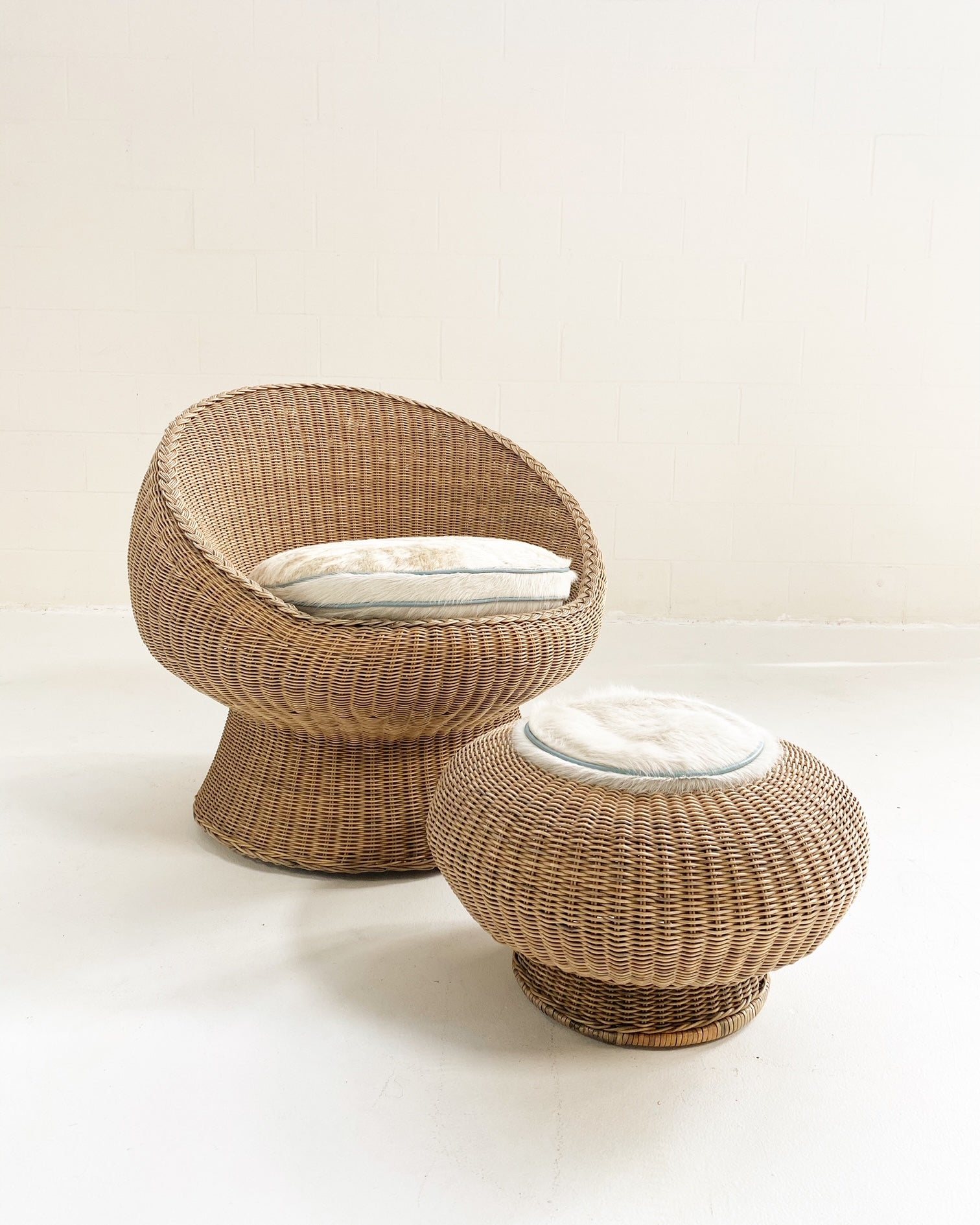 Rattan Chair and Ottoman Set with Custom Brazilian Cowhide and Leather Cushions