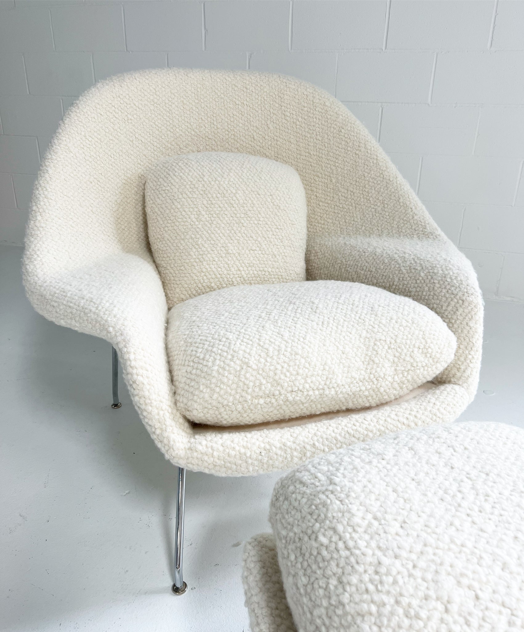 Bespoke Womb Chair and Ottoman in Dedar Boucle