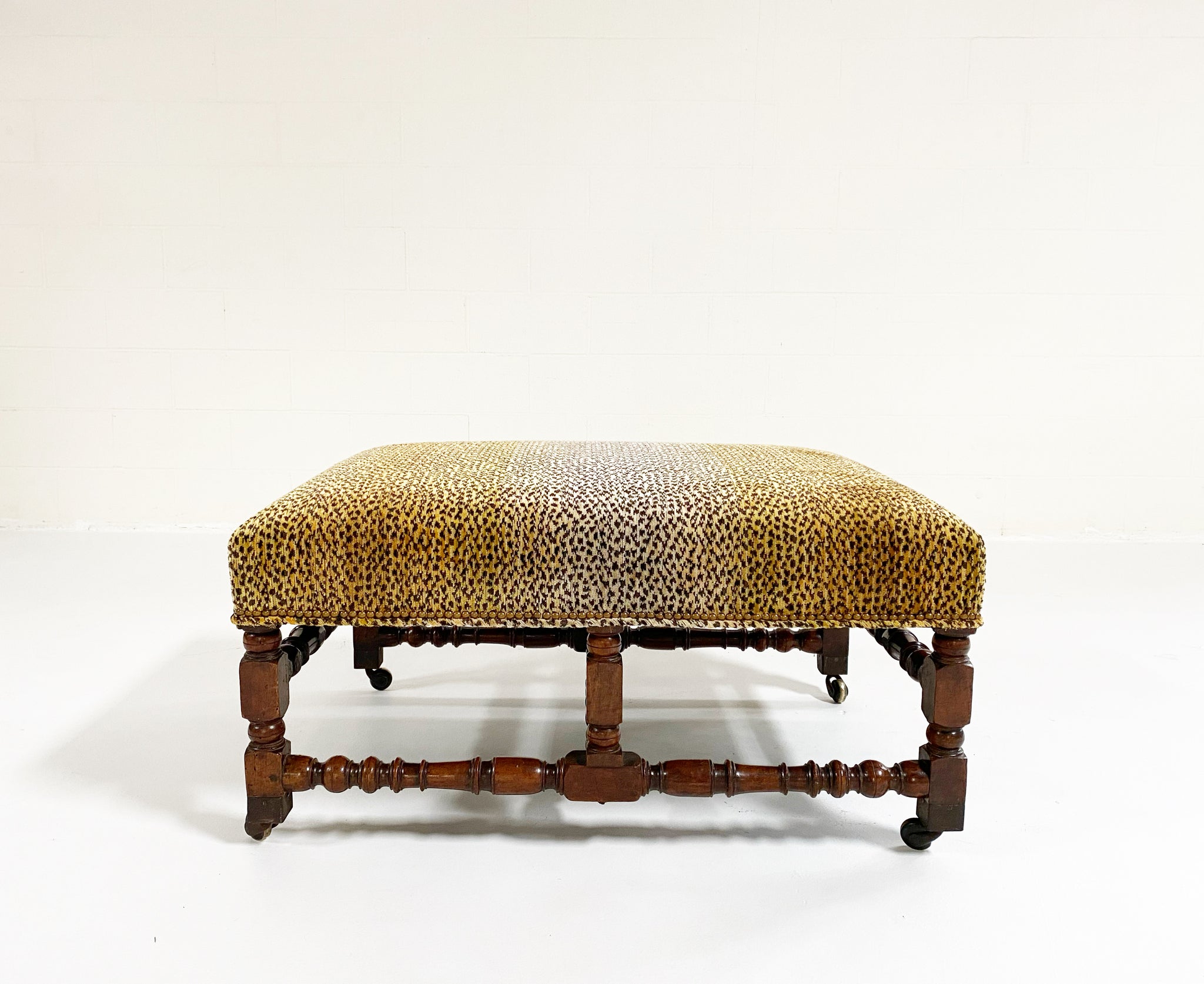 Walnut Ottoman in Clarence House King Cheetah Fabric