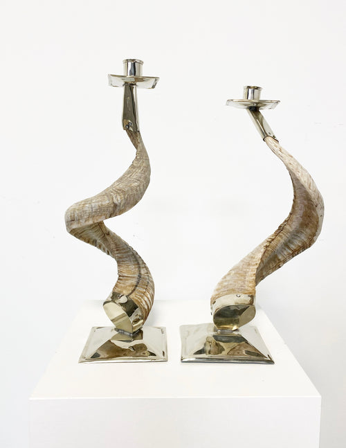 Large Horn and Silver Candlesticks, Pair