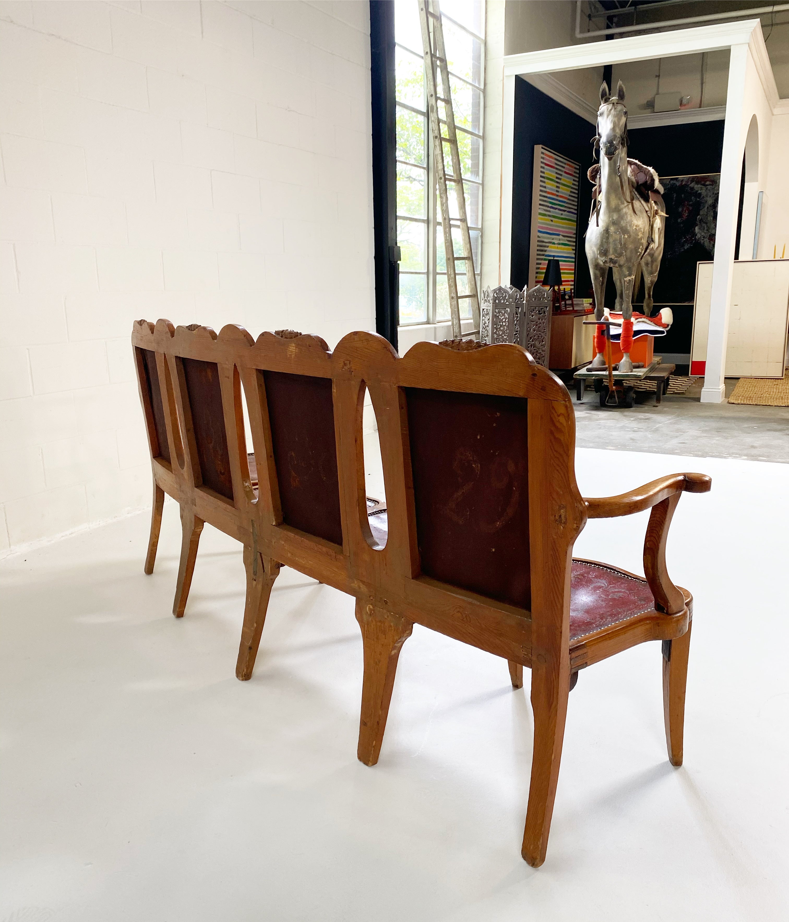 Vintage English Pine and Embossed Leather Bench