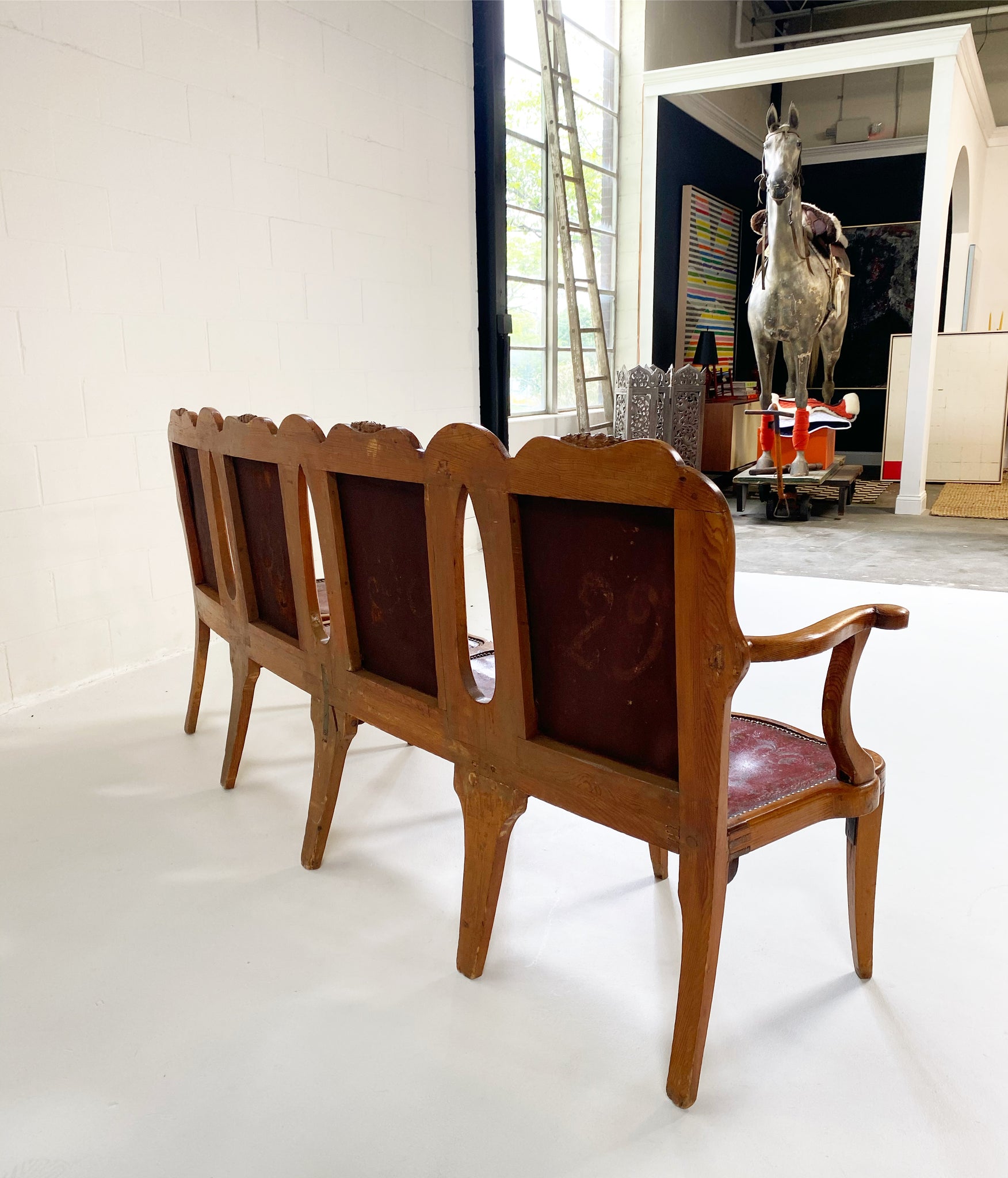 Vintage English Pine and Embossed Leather Bench