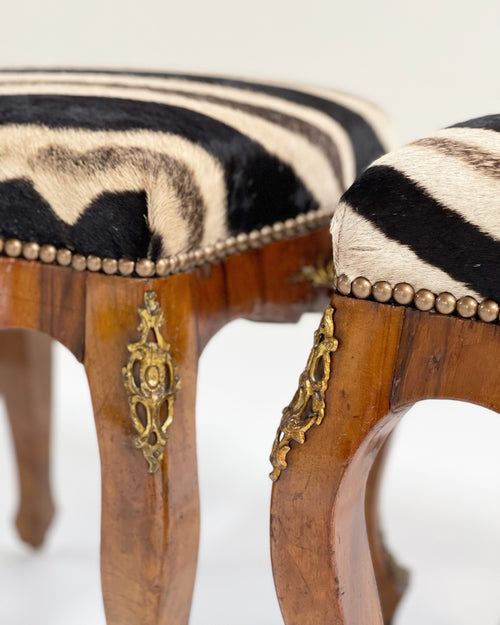 Rococo Style Tabourets in Zebra Hide, pair