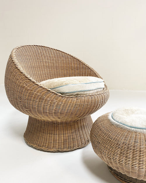 Rattan Chair and Ottoman Set with Custom Brazilian Cowhide and Leather Cushions