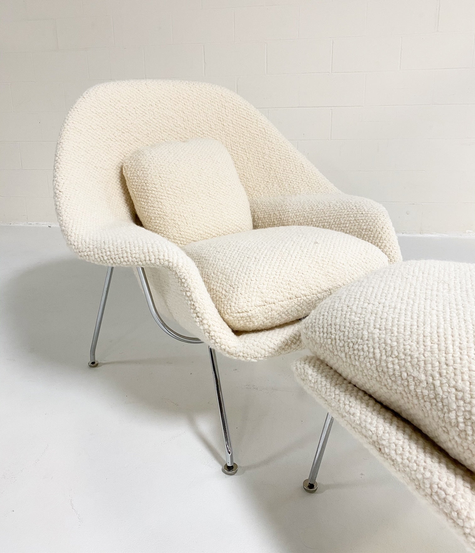 Bespoke Womb Chair and Ottoman in Dedar Boucle