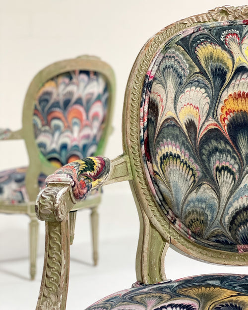 18th Century French Painted Chairs in Beata Heuman "Marbleized Velvet," pair