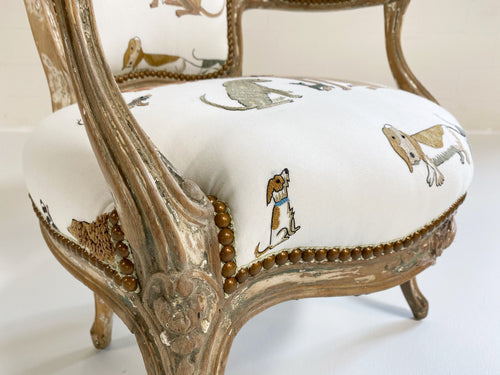 18th c. Louis XV Fauteuil Chair in Chelsea Textiles 'Dogs Socialising'
