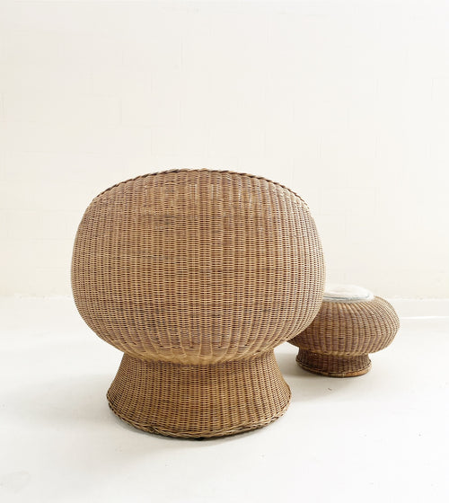 Rattan Chair and Ottoman Set with Custom Brazilian Cowhide and Leather Cushions