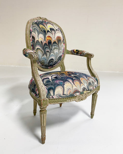 18th Century French Painted Chairs in Beata Heuman "Marbleized Velvet," pair