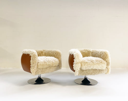 Swivel Lounge Chairs in California Sheepskin and Loro Piana Leather, pair - FORSYTH