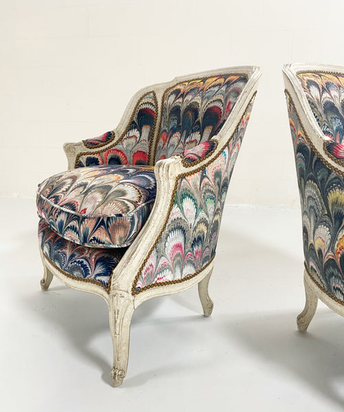 Vintage French Armchairs in Beata Heuman Marbleized Velvet, Pair