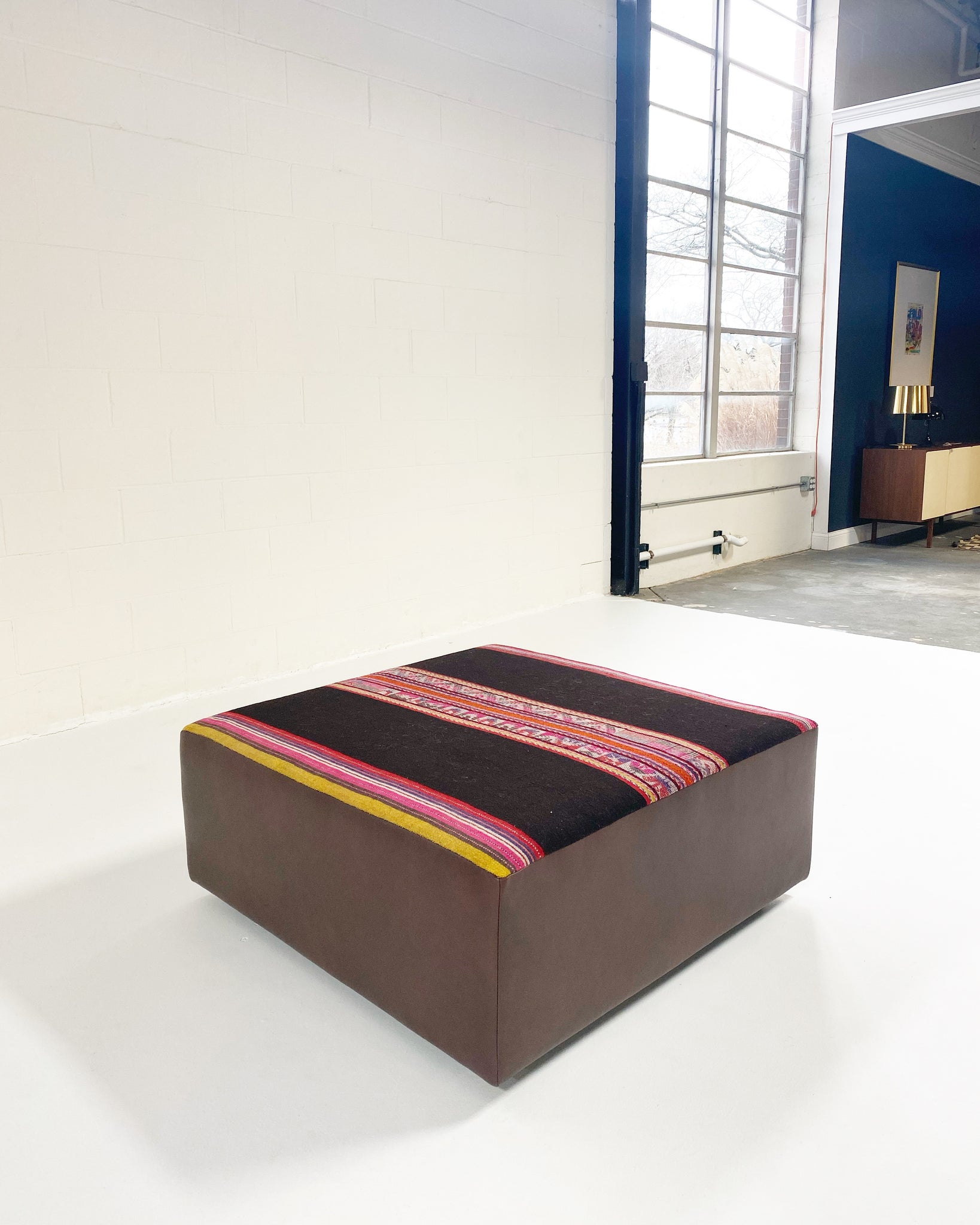 One-of-a-Kind Ottoman with Vintage Peruvian Textile, Black