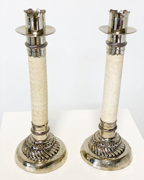 Silver and Leather Candlesticks, Pair