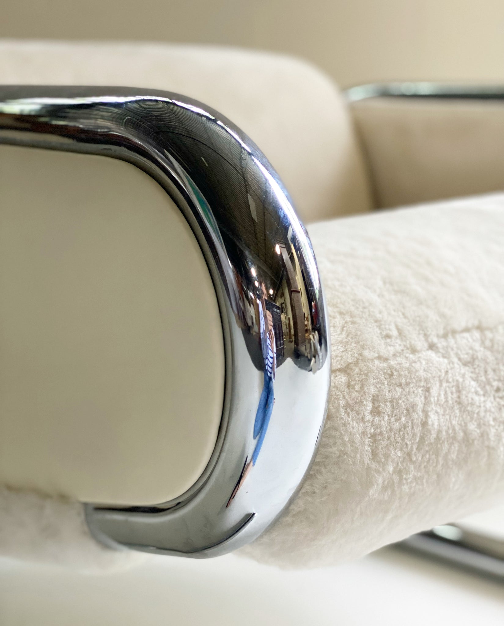 Chrome Lounge Chairs in Shearling and Leather