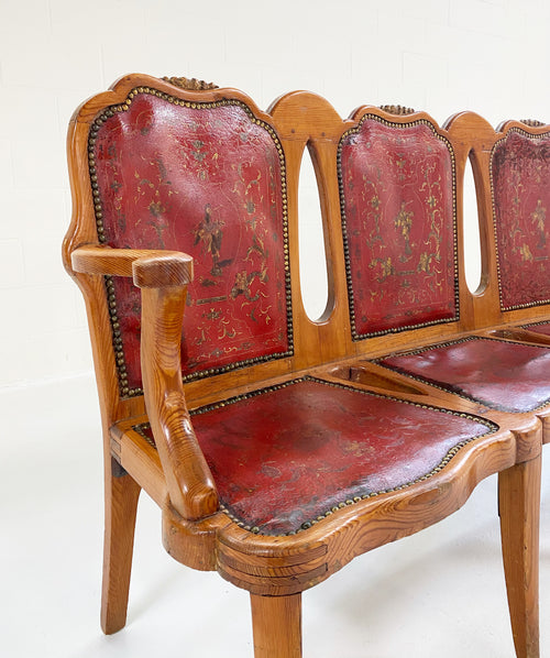 Vintage English Pine and Embossed Leather Bench